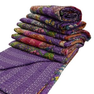 Handicrunch India Purple Kantha Quilt King Size Reversible Bedspread Handmade Cotton Floral Bedsheet Home Décor 106" X 88" Inches - Publicité