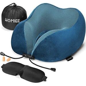 HOMIEE Oreiller de Voyage, Oreiller Cervical en Mousse à mémoire de Forme, Coussin de Support Cervical Essentiel pour Voyager, Masque de Sommeil, Bouchons d'oreille et Sac de Transport Inclus(Bleu) - Publicité