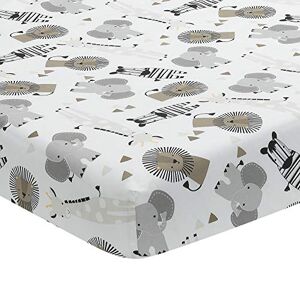 Lambs & Ivy Jungle Safari Drap-housse en coton pour berceau Motif éléphant/lion Blanc/gris - Publicité