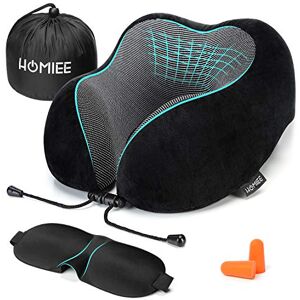 HOMIEE Oreiller de Voyage, Oreiller Cervical en Mousse à Mémoire de Forme, Coussin de Support Cervical Essentiel pour Voyager, Masque de Sommeil, Bouchons d'oreille et Sac de Transport Inclus(Noir) - Publicité