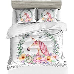 Sticker superb 1 Personne Licorne Floral Literie 2 Pièces Fleur Fille Parures de Lit Licorne Rose Noir Bleu Mignonne Housse de Couette pour Enfants Bambin (Licorne-Blanc Contexte) - Publicité