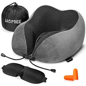 HOMIEE Oreiller de Voyage, Oreiller Cervical en Mousse à mémoire de Forme, Coussin de Support Cervical Essentiel pour Voyager, Masque de Sommeil, Bouchons d'oreille et Sac de Transport Inclus(Gris) - Publicité