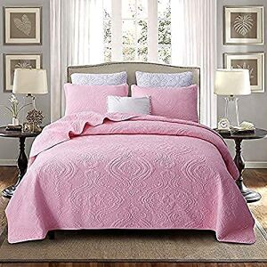 QQWanWan Couvre-lit matelassé d'été Double 100% Coton, Couleur Unie, Vase brodé Multifonction, couvertures, Ensembles de literie 3 pièces, Couvre-lit avec 2 taies d'oreiller, Rose 1, Super King : 24 - Publicité