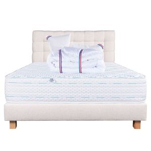 Non communiqué Ensemble Matelas 140x200 cm, Thermotec, 24 cm, ferme, face été/hiver + sommier beige ep20cm + 2 oreillers + couette + Tête de Lit - Publicité