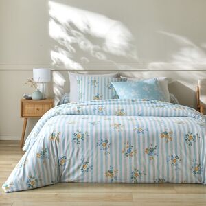 Linge de lit Louison imprime raye fleuri - en coton - Blancheporte Bleu Housse de couette 2 personnesonnes : 200x200cm