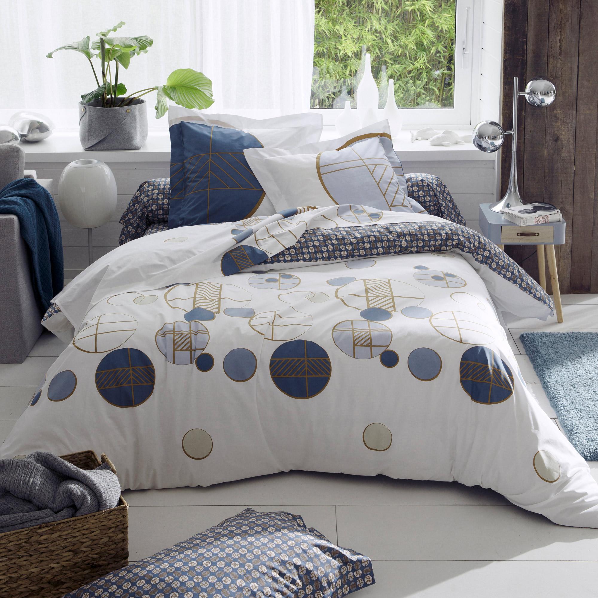 Linnea Parure de lit 280x240 cm Percale 100% coton ROMEO bleu Baltique 3 pièces