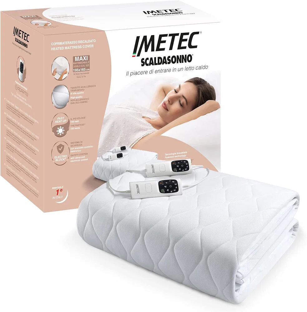 Imetec Scaldasonno Adapto maxi coprimaterasso matrimoniale 195x165 cm, Basso consumo, Riscaldamento rapido, Temperatura personalizzata, Tessuto anallergico trapuntato, Doppio comando, 6 temperature