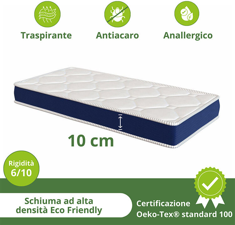 garneroarredamenti Materasso singolo 90x200cm schiumato antiacaro H. 10cm Top Dream