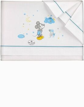 Disney Lençóis de Cama Mickey Branco e Azul 3 Peças (120 x 60 cm)