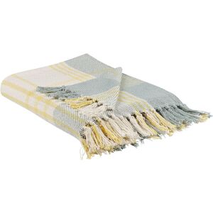 BELIANI Traditional Check Blanket Cotton Hand-Woven Accessory Fringes Green and Yellow Betali