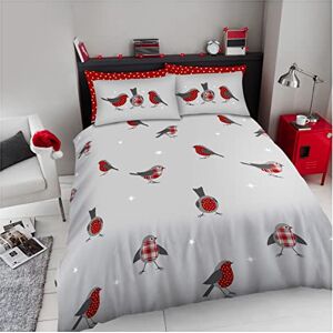 GC GAVENO CAVAILIA Luxury Birds Bedding Set, Soft & Cosy Reversible Hearts Starry Robin Double Bed Duvet Cover Sets, Easycare Breathable Checkered Quilt Cover with Pillowcases, Grey