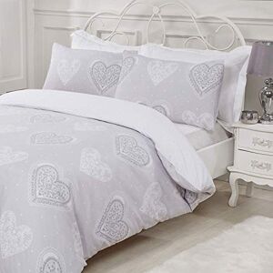 Sleepdown Decorative Hearts Super King-Grey Reversible Bedding Set and Pillowcases, Cotton Mix