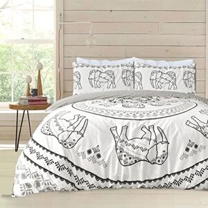 Sleepdown Tribal Elephant Mandala White Grey Black Reversible Duvet Cover Quilt Pillow Cases Bedding Set Soft Easy Care - King (230cm x 220cm)