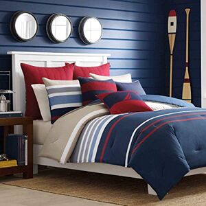 Nautica Cotton Reversible Bedding with Button Closure, Stylish Home Decor, Bradford Navy/Khaki, King