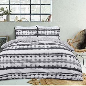 Sleepdown Tie Dye Geo Mono Black White Reversible Duvet Cover Quilt Tassel Pillow Cases Bedding Set Soft Easy Care - King (230cm x 220cm)