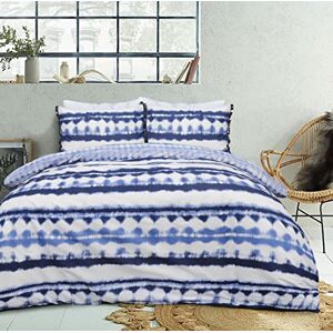 Sleepdown Tie Dye Geo Blue White Reversible Duvet Cover Quilt Tassel Pillow Cases Bedding Set Soft Easy Care - Double (200cm x 200cm)