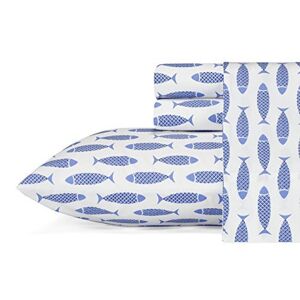 Nautica - Queen Sheets, Cotton Percale Bedding Set, Crisp & Cool, Coastal Home Decor (Woodblock Fish Blue, Queen)