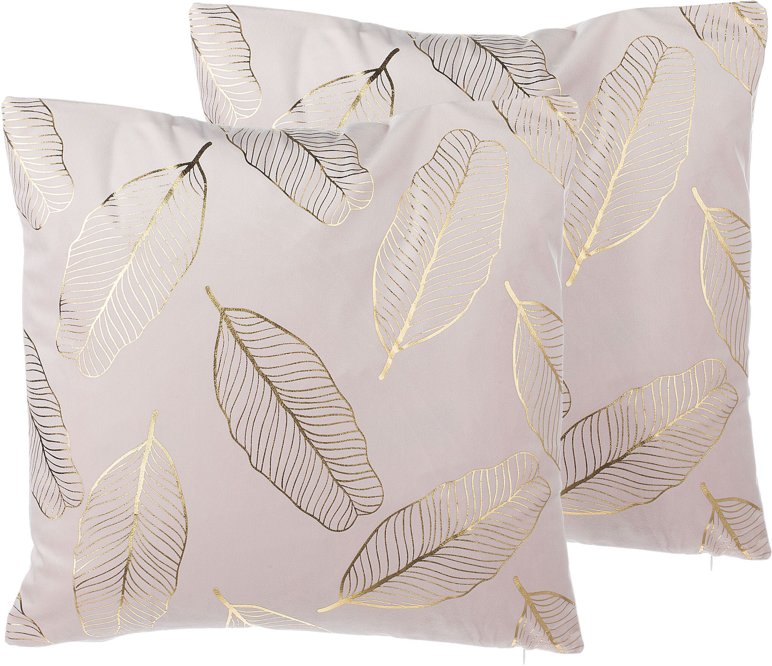 Beliani Set of 2 Decorative Cushions Pink Velvet Leaf Pattern 45 x 45 cm Gold Foil Print Decor Accessories