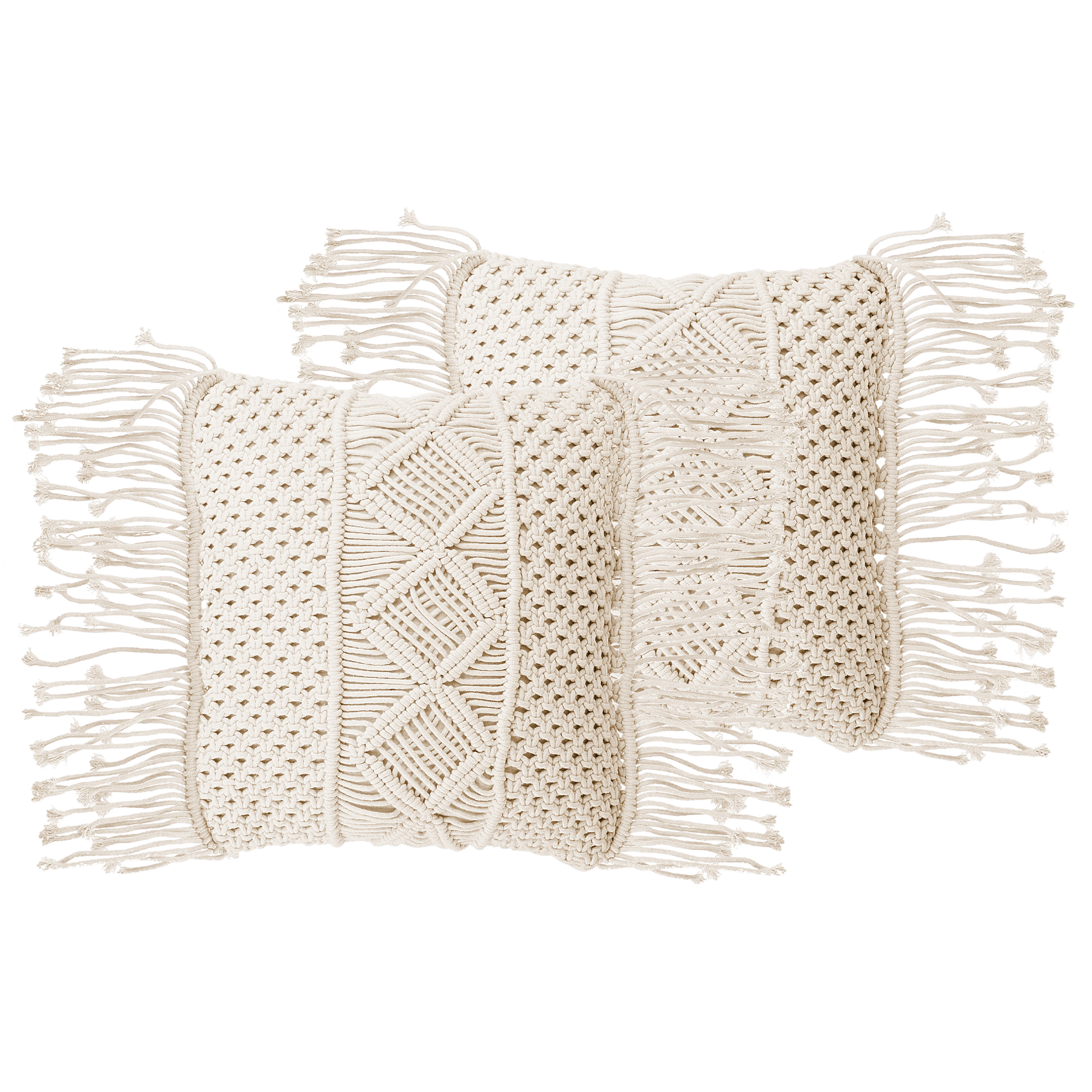 Beliani Decorative Cushion Set of 2 Beige Cotton Macrame 40 x 45 cm with Tassels Rope Boho Retro Decor Accessories