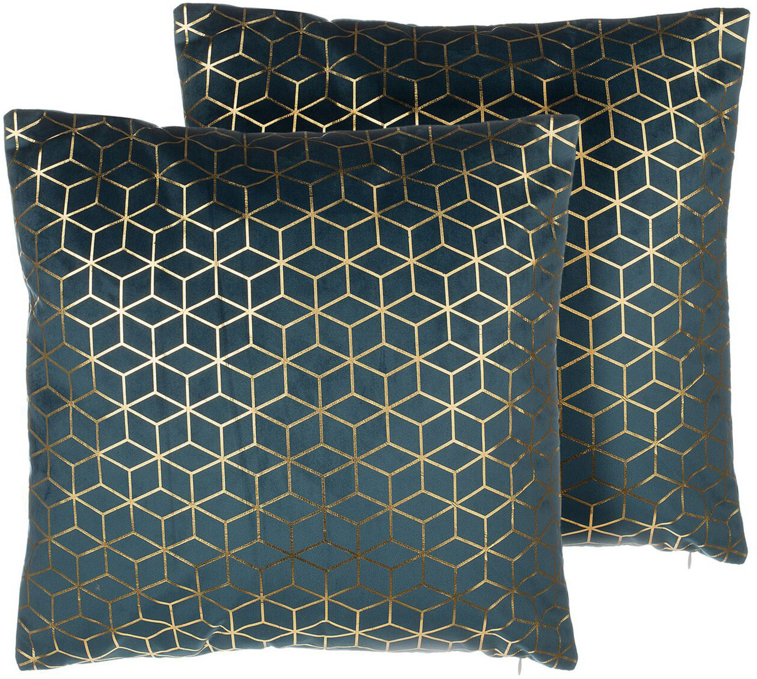 Beliani Set of 2 Decorative Cushions Blue Velvet Cube Pattern 45 x 45 cm Geometric Foil Print Modern Glamour Decor Accessories