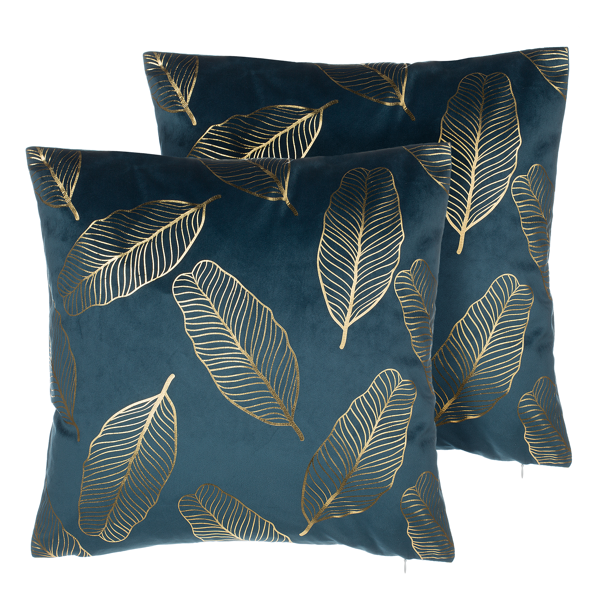 Beliani Set of 2 Decorative Cushions Blue Velvet Leaf Pattern 45 x 45 cm Gold Foil Print Decor Accessories