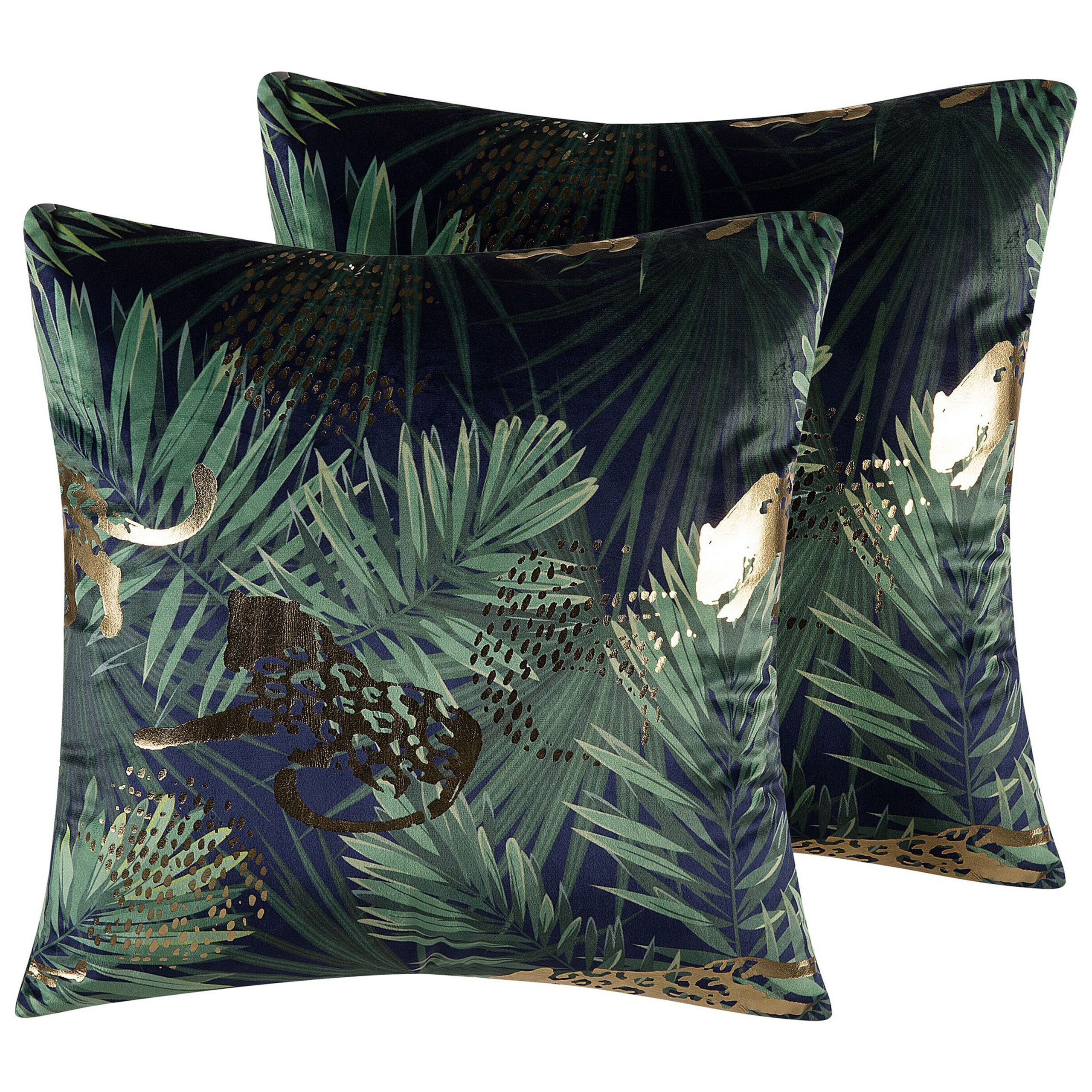 Beliani Set of 2 Decorative Cushions Green Velvet Palm Leaf Floral Pattern 45 x 45 cm Animal Foil Print Modern Retro Decor Accessories
