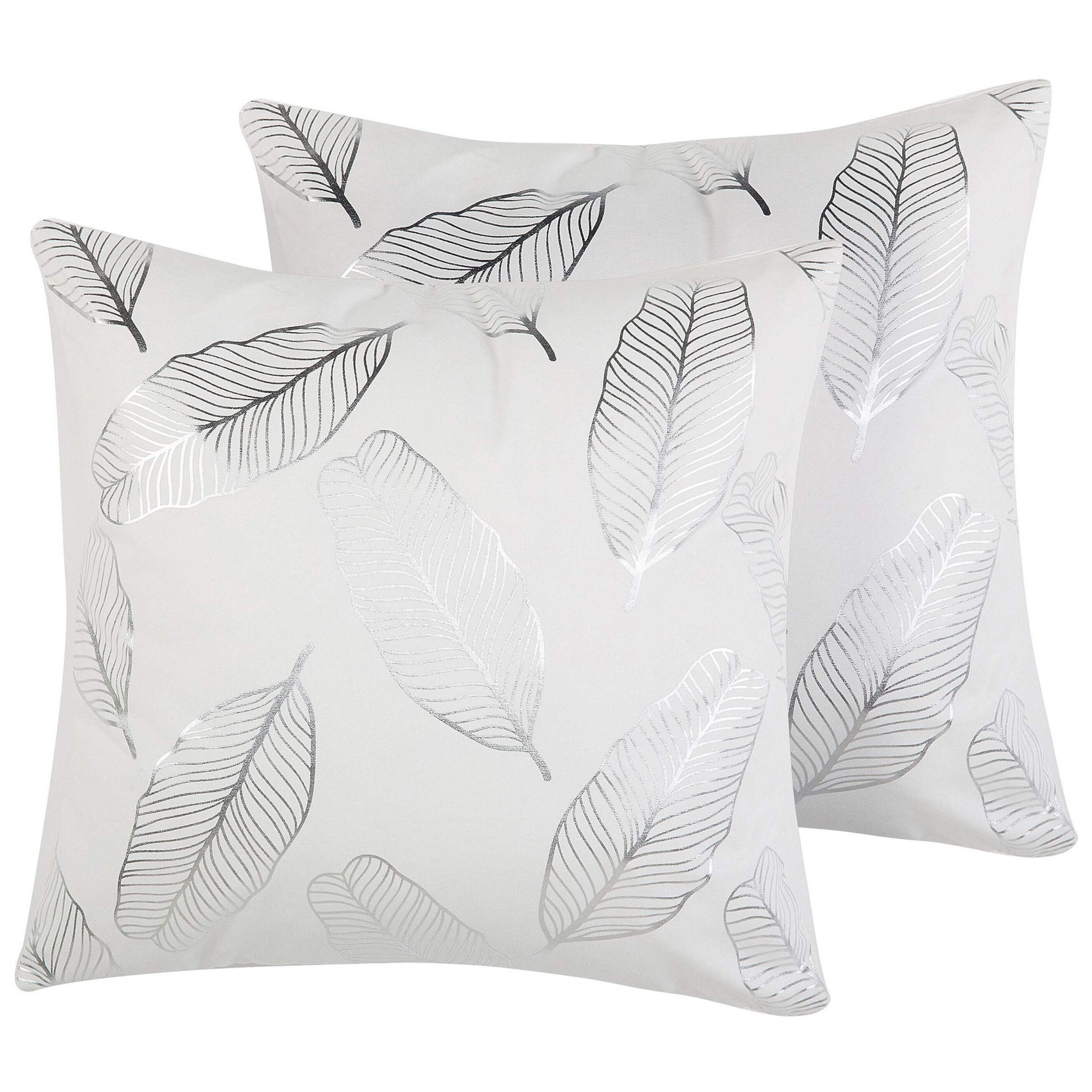 Beliani Set of 2 Decorative Cushions White Cotton Leaf Pattern 45 x 45 cm Silver Foil Print Decor Accessories
