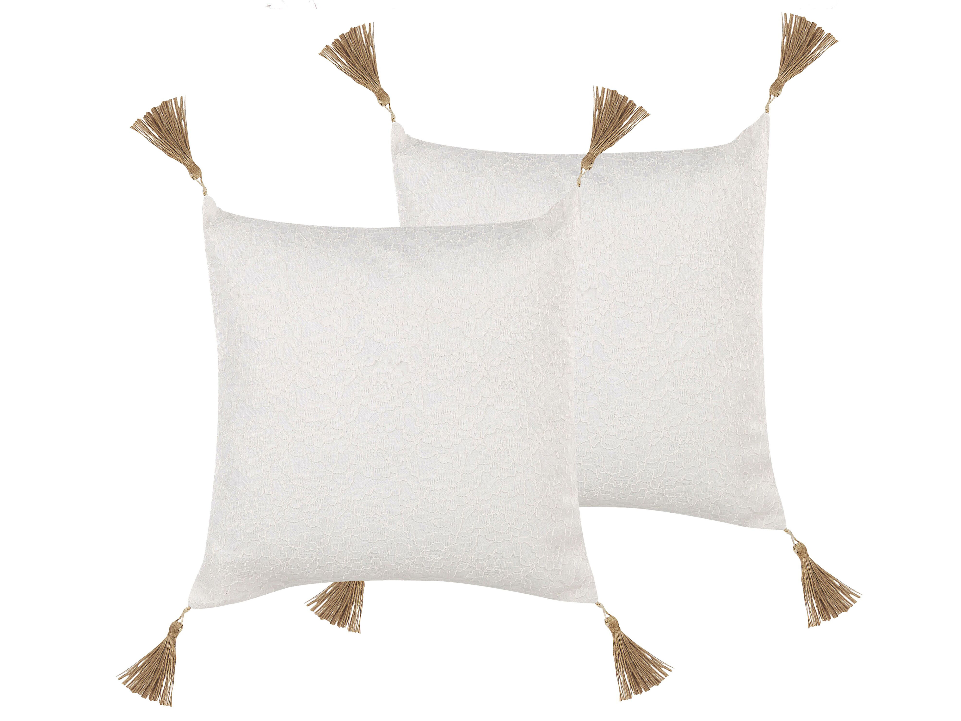 Beliani Set of 2 Decorative Cushions White Lace Floral Motif 45 x 45 cm with Tassels Décor Accessories