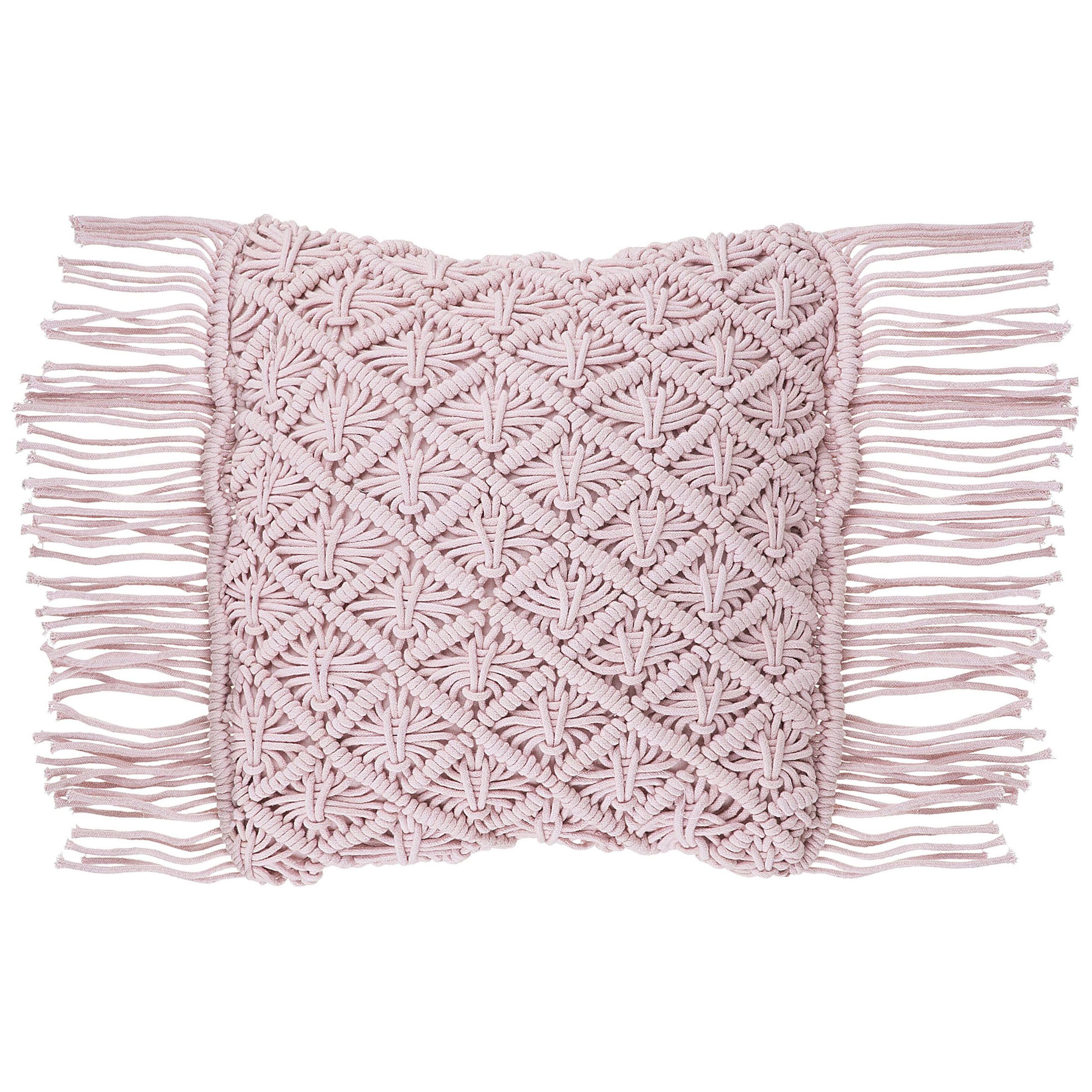 Beliani Decorative Cushion Pink Cotton Macramé 40 x 40 cm with Tassels Rope Boho Retro Decor Accessories