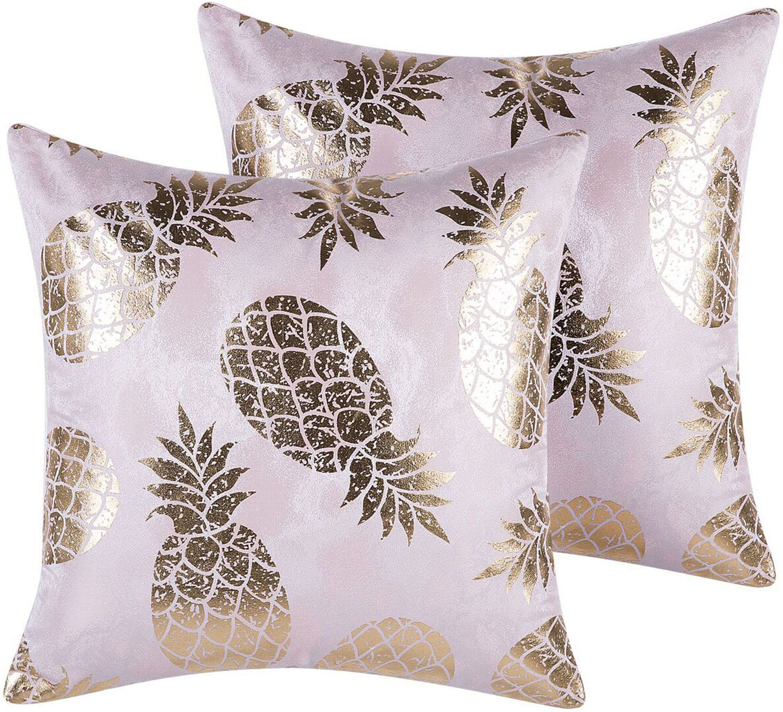 Beliani Set of 2 Decorative Cushions Pink Pineapple Pattern 45 x 45 cm Foil Print Glamour Decor Accessories