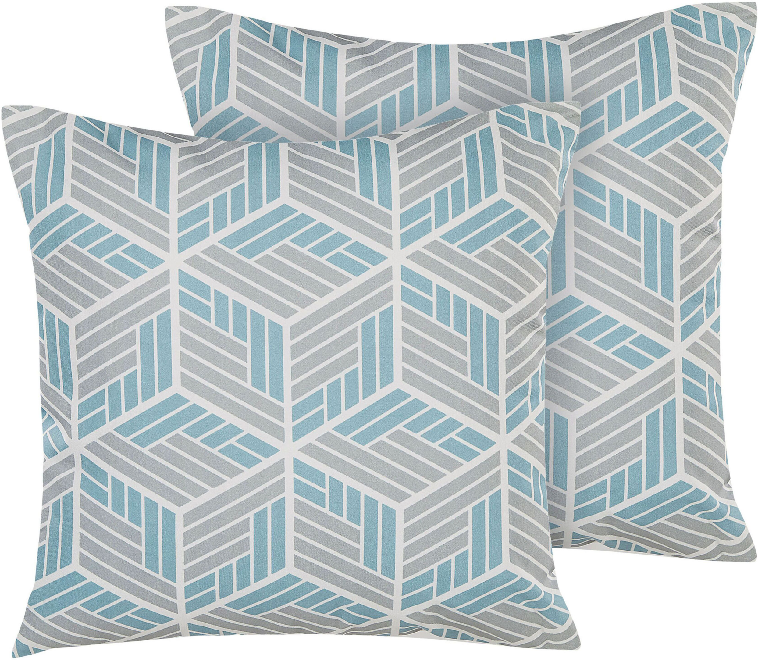 Beliani Set of 2 Garden Cushions Grey and Blue Polyester Square 45 cm 3D Effect Geoemtric Pattern Modern Design