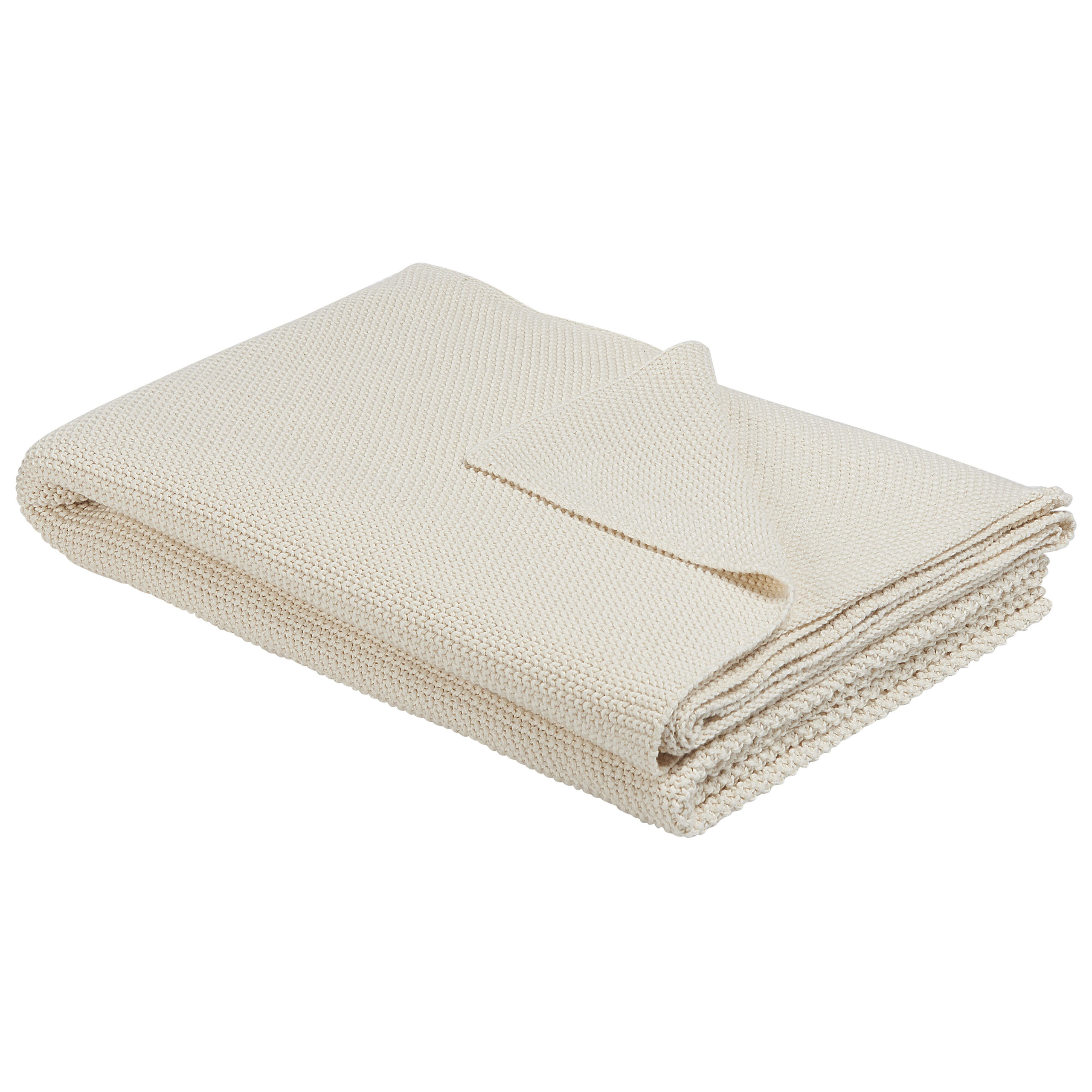 Beliani Blanket Beige Cotton 130 x 180 cm Bed Throw Cross Catch Stitch Oversized