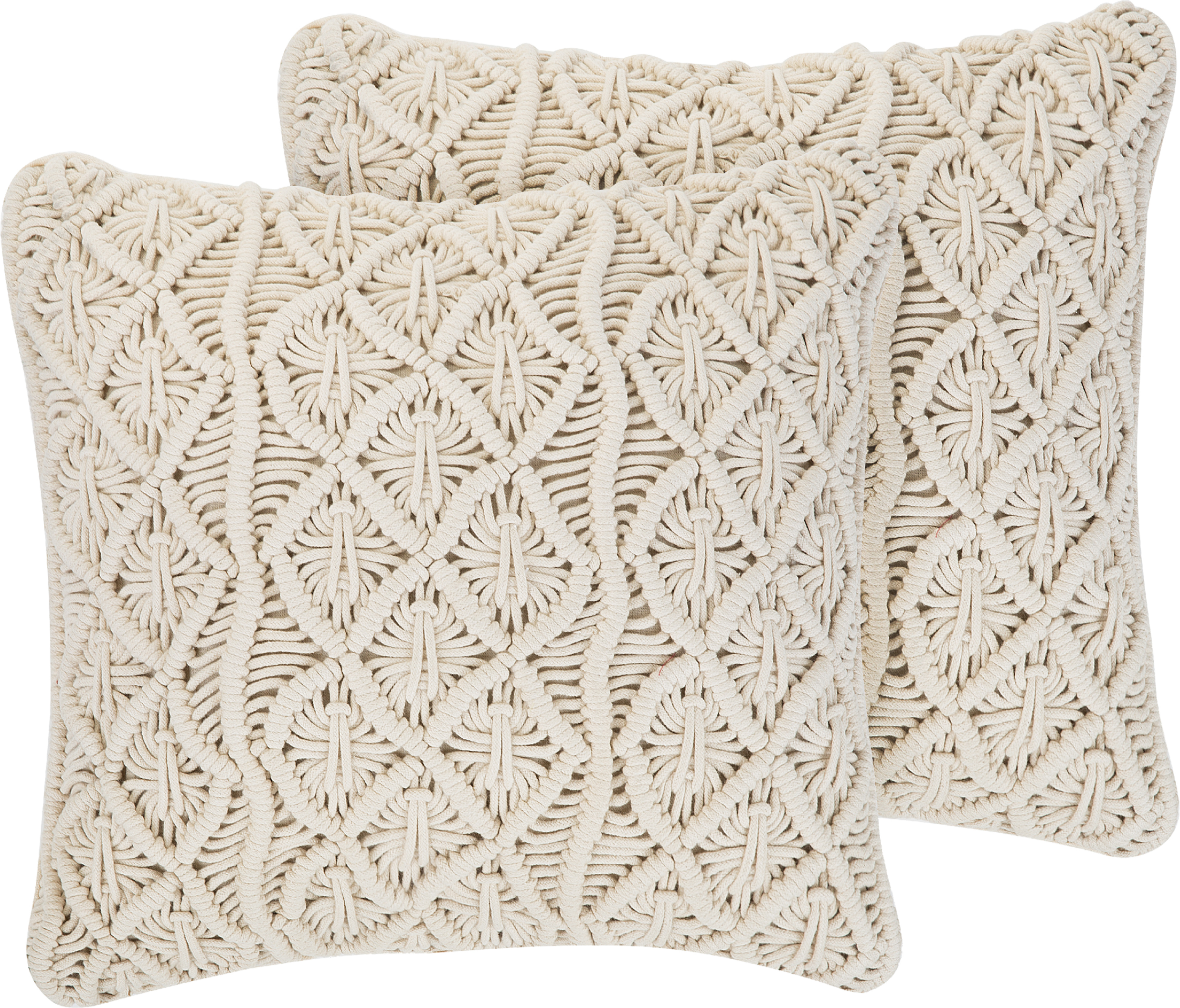 Beliani Set of 2 Decorative Cushions Light Beige Cotton Macramé 40 x 45 cm Rope Boho Retro Decor Accessories