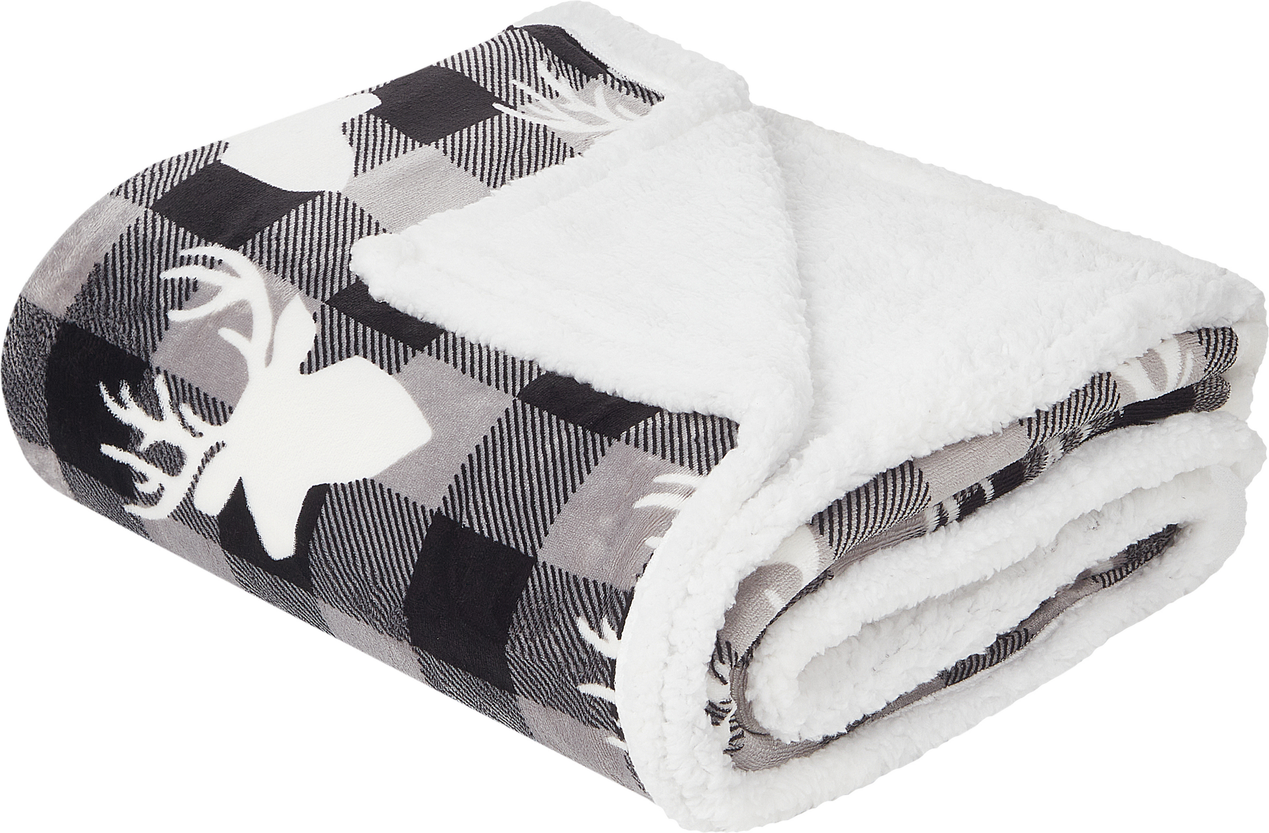 Beliani Blanket Throw Grey and White Flannel 150 x 200 cm Winter Fluffy Reindeer Checkered Pattern