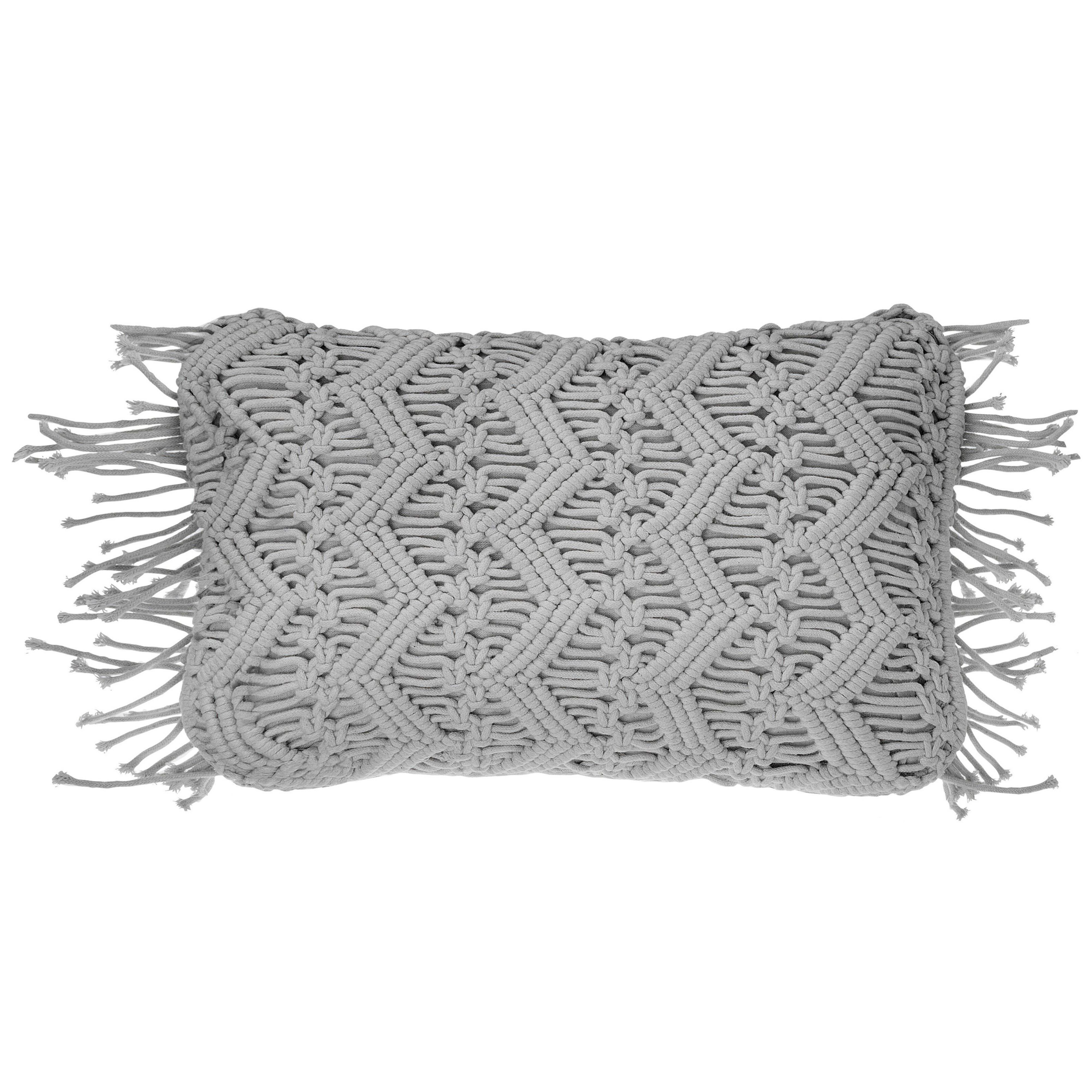 Beliani Decorative Cushion Grey Cotton Macramé 30 x 45 cm with Tassels Rope Boho Retro Decor Accessories