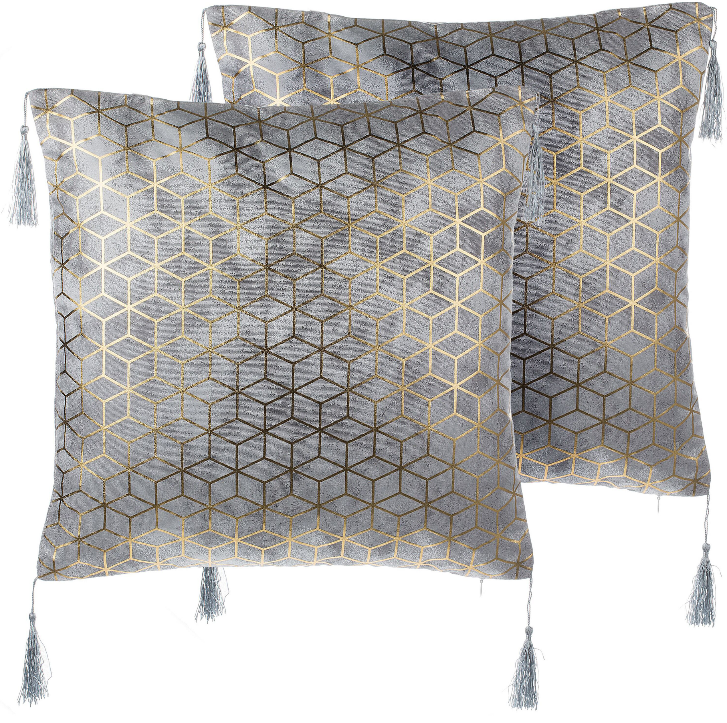 Beliani Set of 2 Decorative Cushions Silver Jacquard Cube Pattern 45 x 45 cm with Tassels Geometric Print