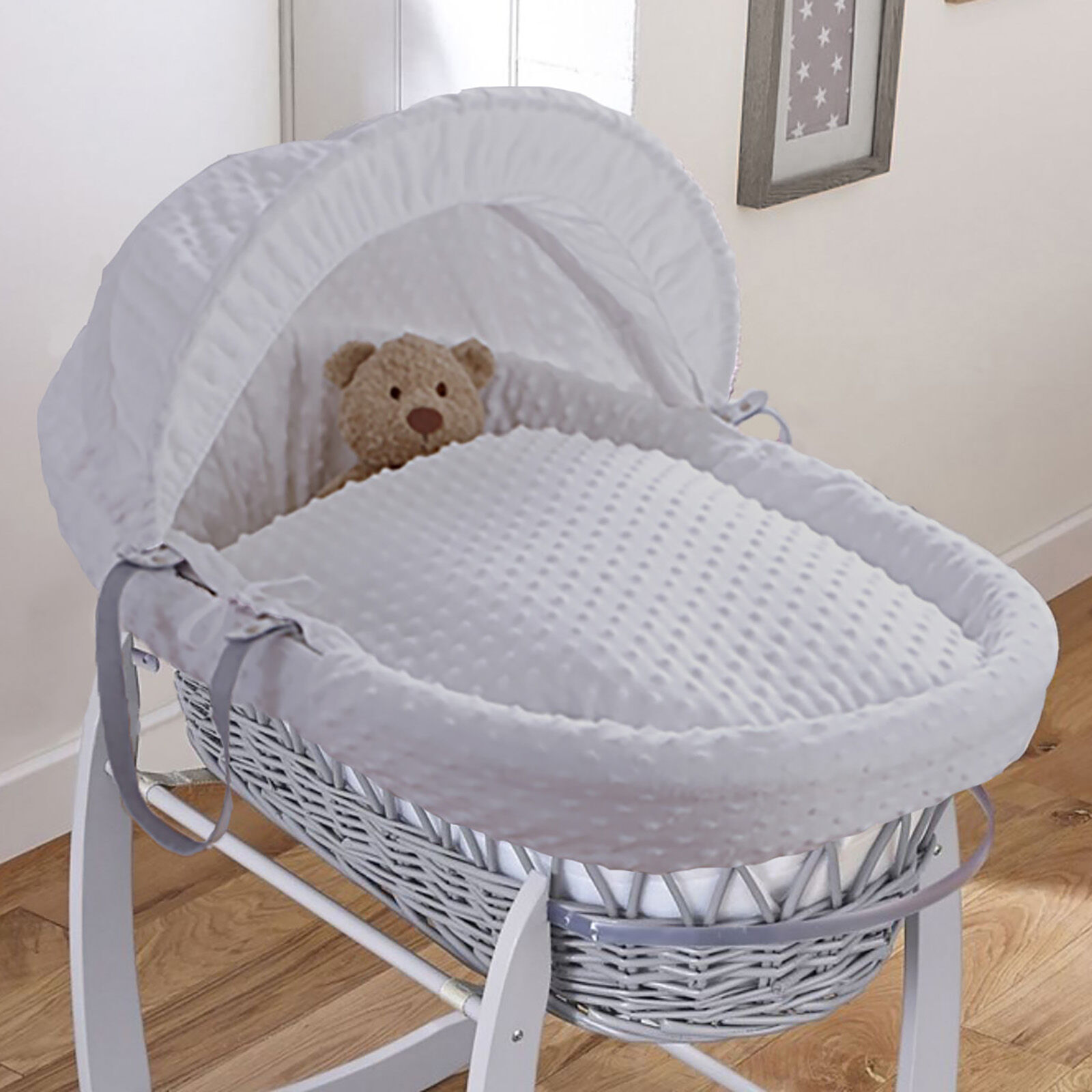 Clair De Lune Padded Grey Wicker Baby Moses Basket - Dimple Grey