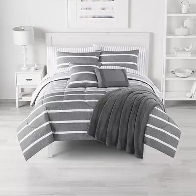 The Big One Heather Stripe Comforter Set with Sheets and Decorative Pillows, Med Grey, King