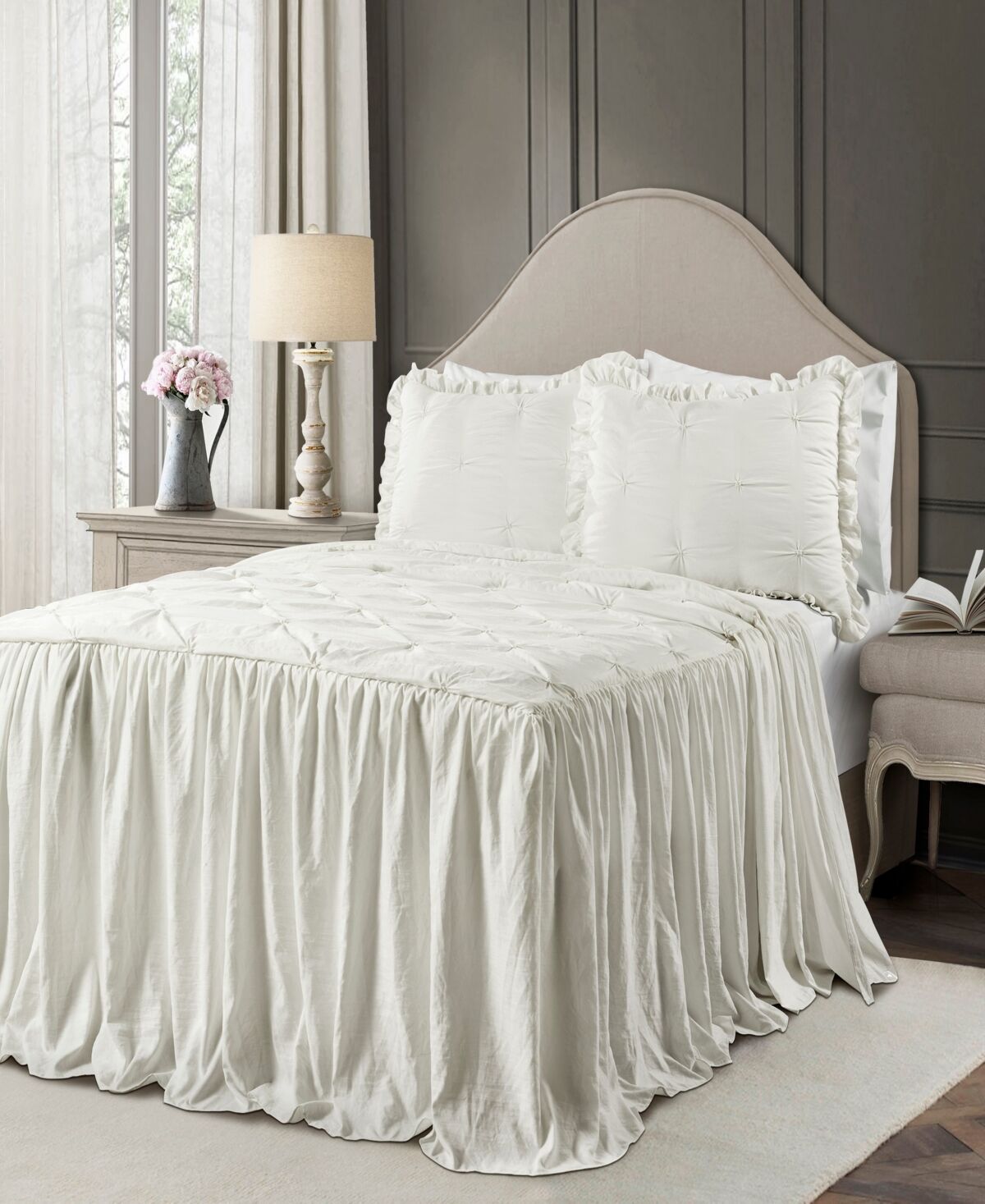 Lush Decor Ravello Pintuck Ruffle Skirt 3Pc Queen Bedspread Set - White