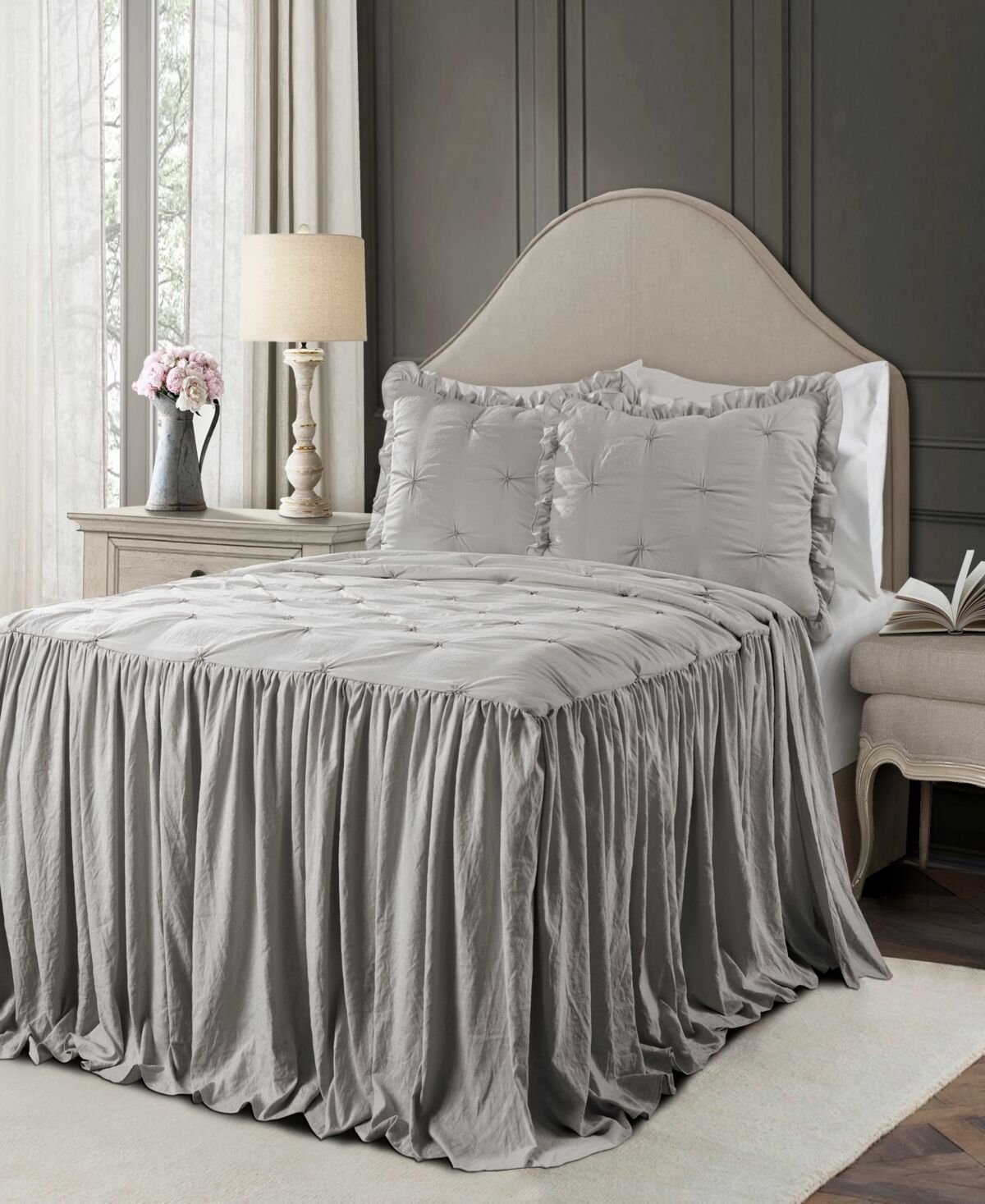 Lush Decor Ravello Pintuck Ruffle Skirt 3Pc Queen Bedspread Set - Light Gray