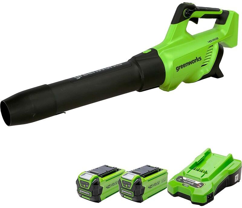 GREENWORKS GD40ABK2X Soffiatore Foglie Assiale a Batteria con Motore Brushless, 210km/h, 15,6m³/min, Due Batterie da 40V 2Ah e Caricabatterie,