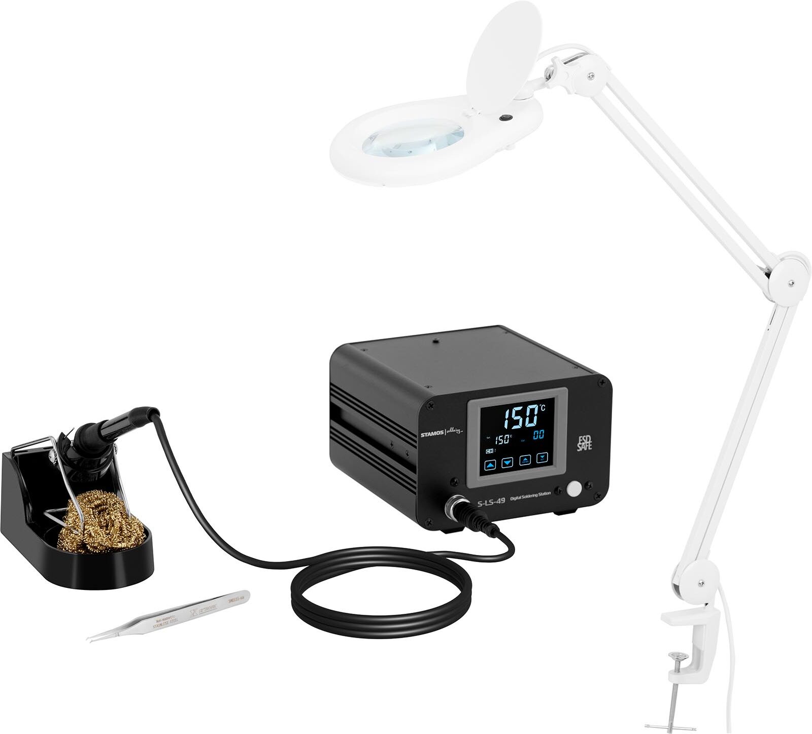 Stamos Soldering Zestaw Stacja lutownicza - 100 W - cyfrowa - LCD dotykowy + Lampa powiększająca - 3 dpi - LED S-LS-49-SET