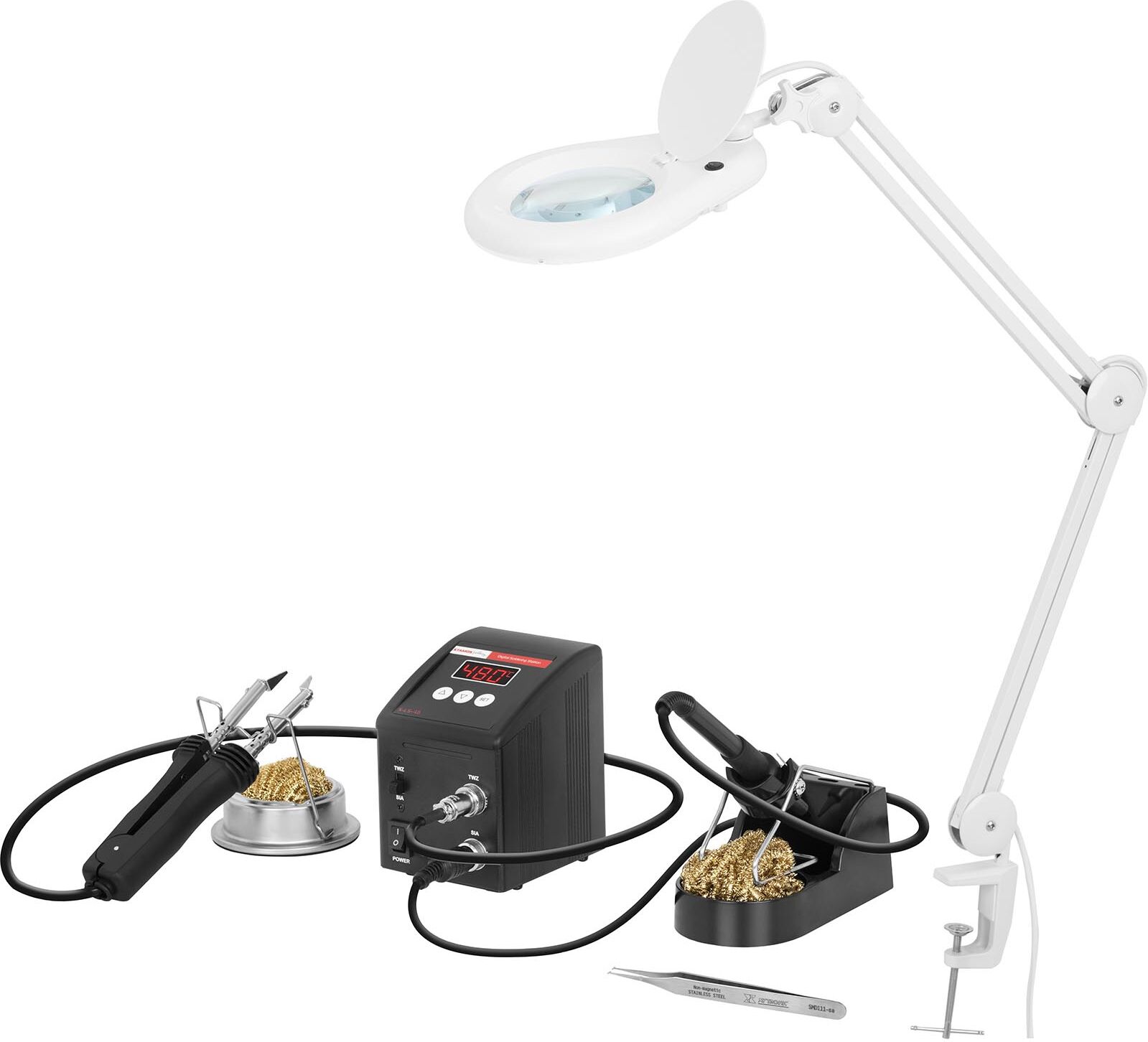 Stamos Soldering Zestaw Stacja lutownicza - 80 W - pęseta SMD + Lampa Physa - powiększająca - 3 dpi - LED S-LS-48-SET