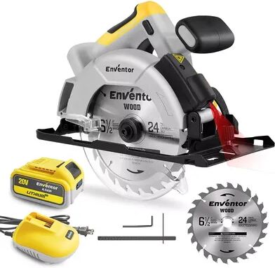 Enventor Brushless Cordless Circular Saw with Rapid Charger and Laser Guide, Grey