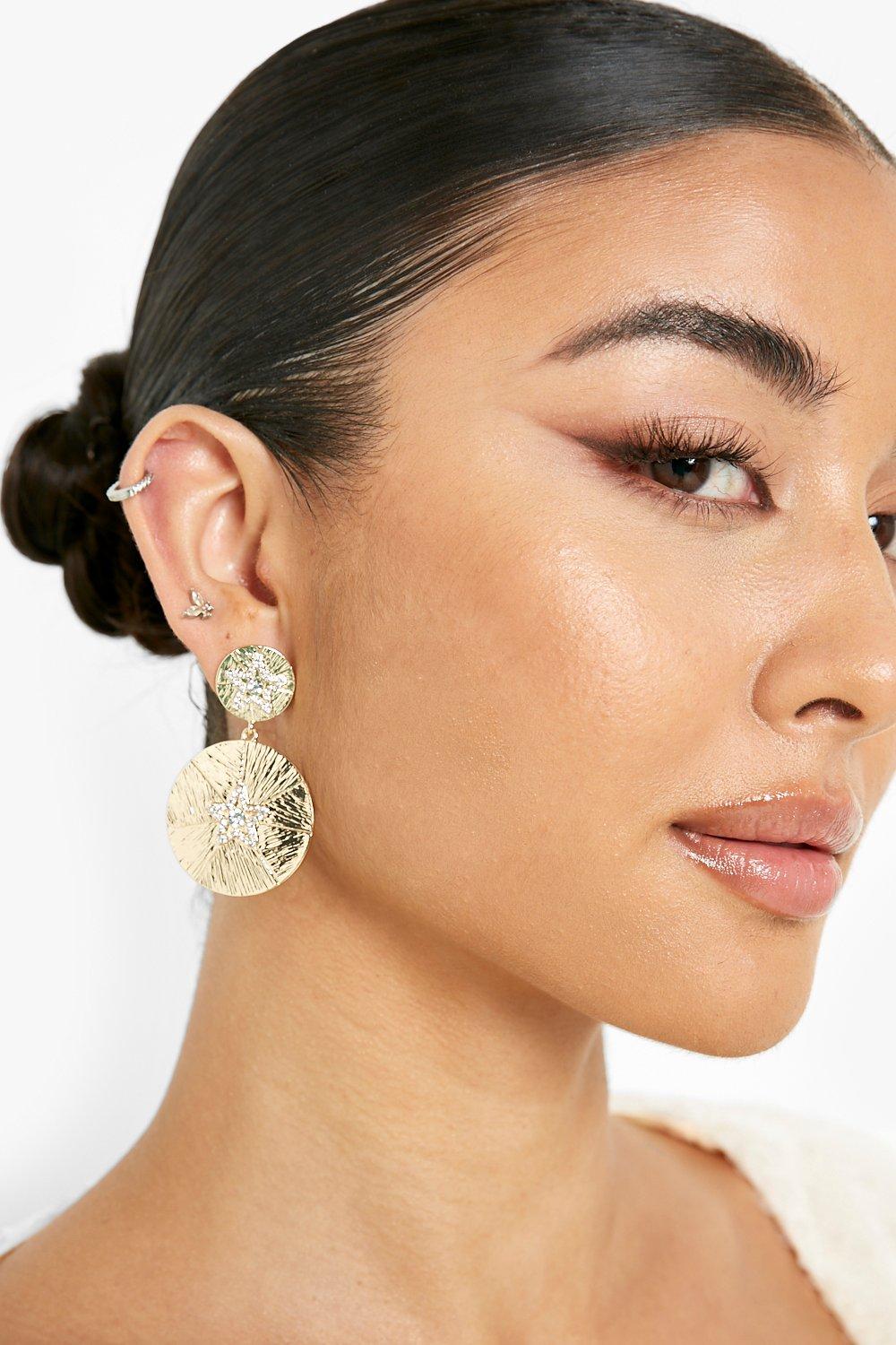 Boohoo Gold Drop Circle Star Statement Earrings  - Size: ONE SIZE