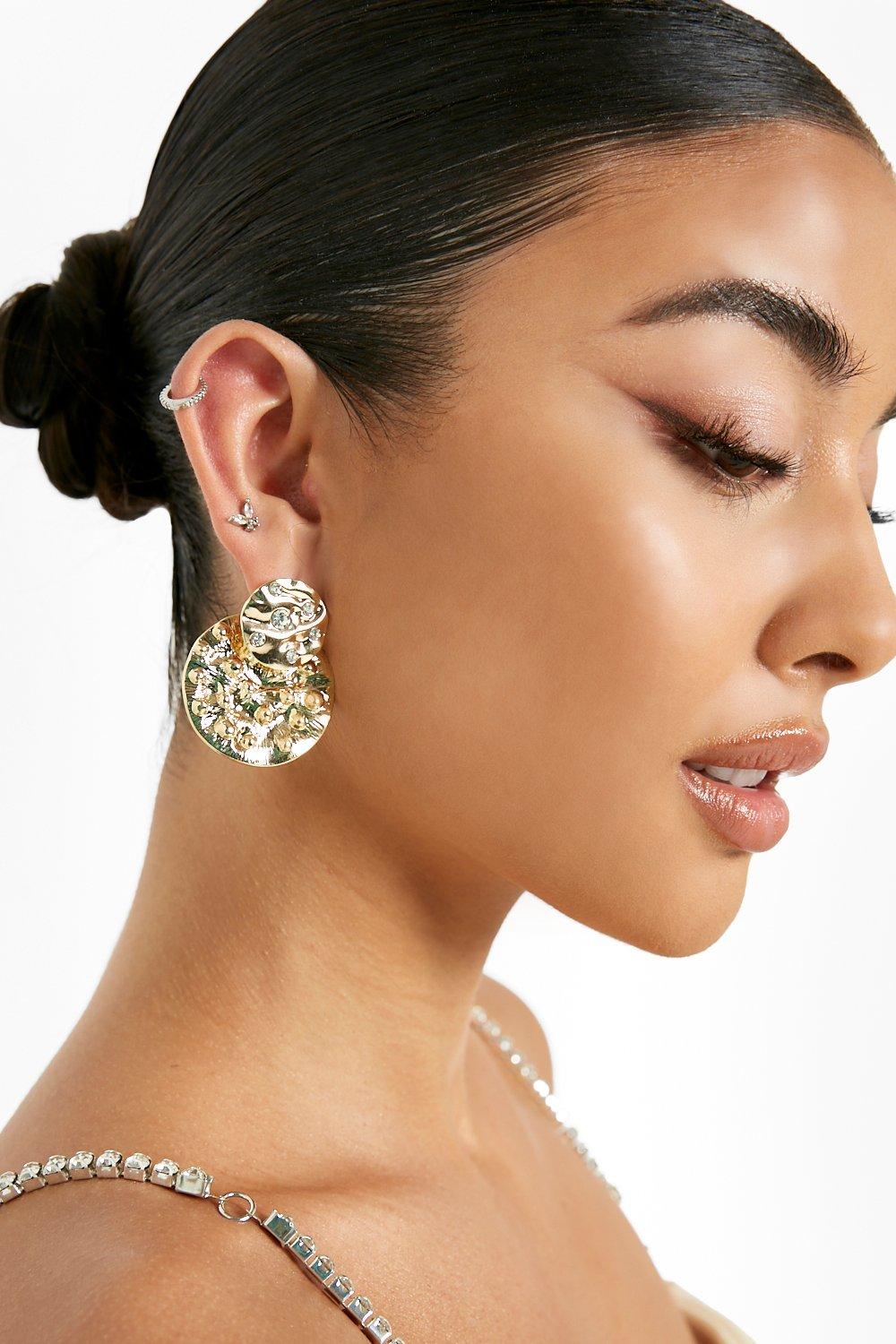 Boohoo Gold Drop Diamante Circle Earrings  - Size: ONE SIZE