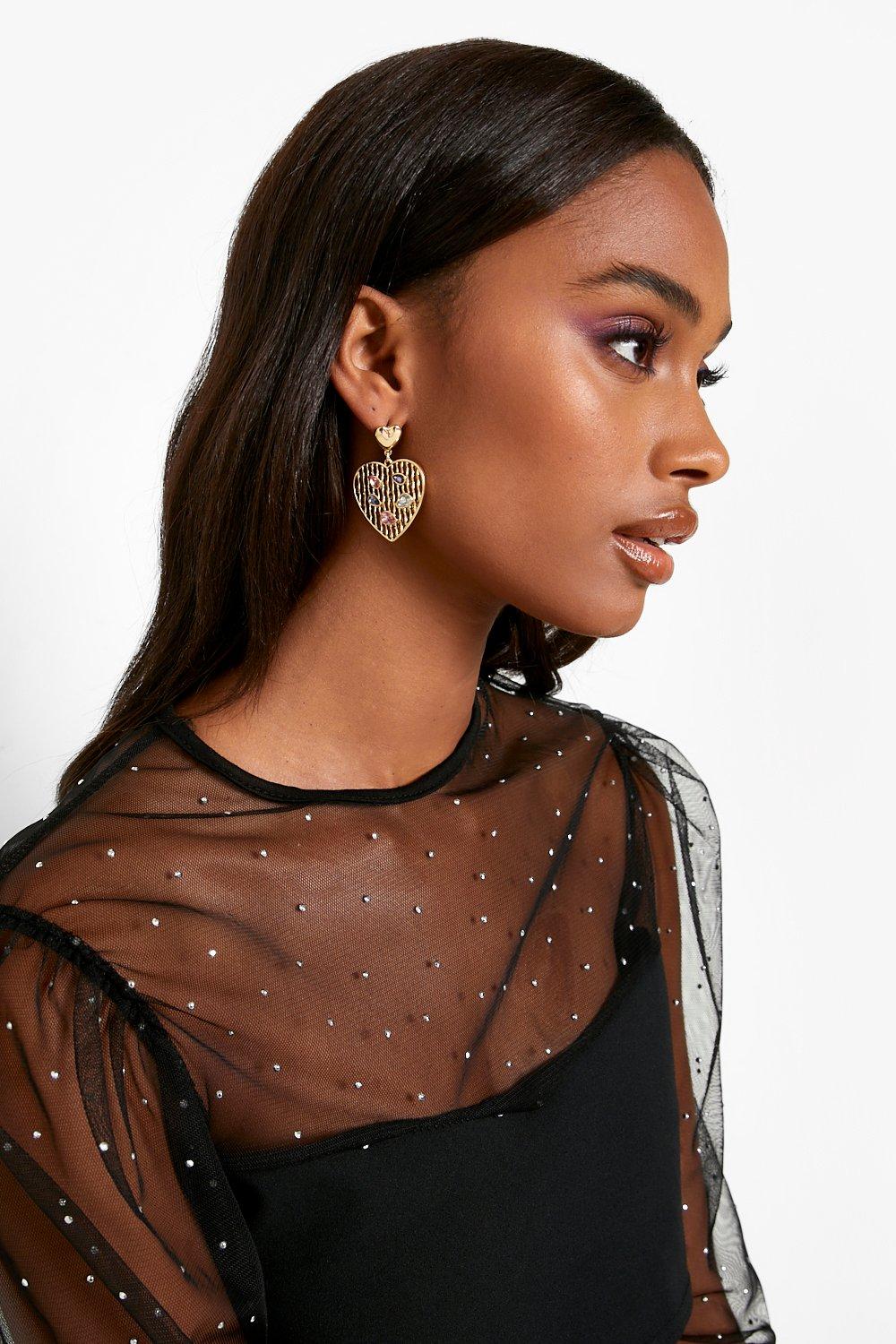Boohoo Gold Drop Textured Heart Earrings  - Size: ONE SIZE