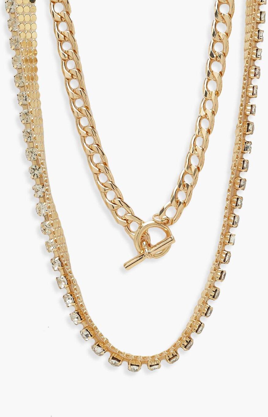 Boohoo Diamante Layering Necklaces- Gold  - Size: ONE SIZE