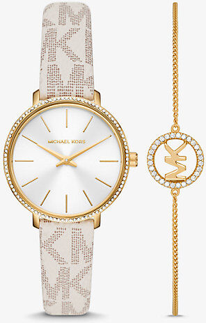 Michael Kors MK Pyper Logo and Gold-Tone Watch and Bracelet Set - Vanilla