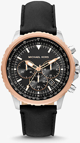 Michael Kors MK Oversized Cortlandt Leather and Two-Tone Watch - Black